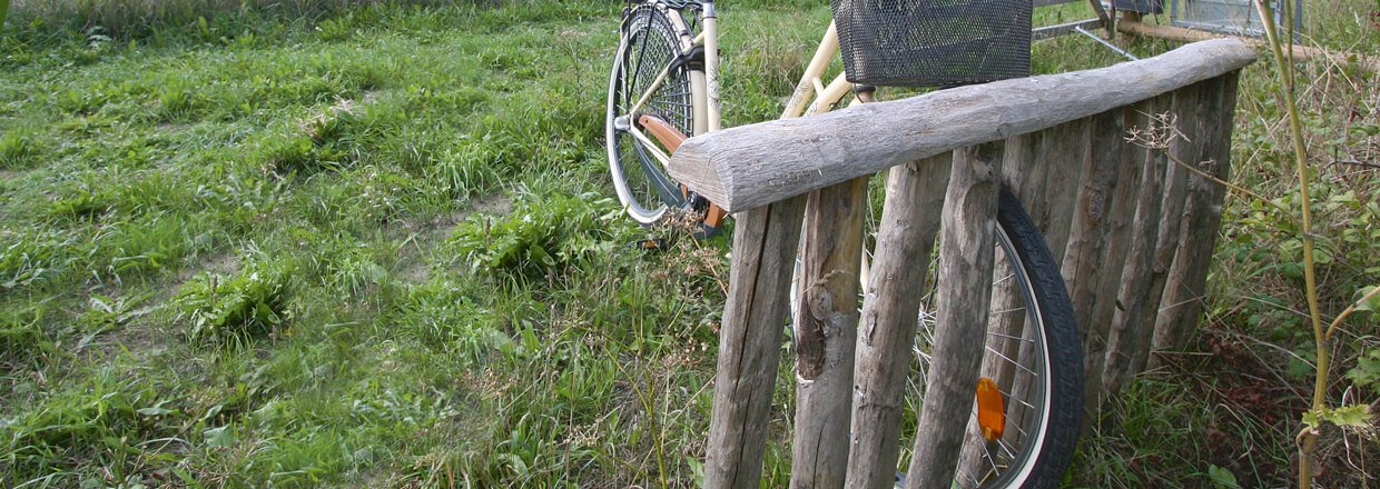 En damcykel parkerad i ett cykelstll som r gjort av trstolpar | Poda Stngsel