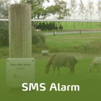 En sms alarm er monteret p en hegnspl. To heste gr og grsser bag elhegnet.